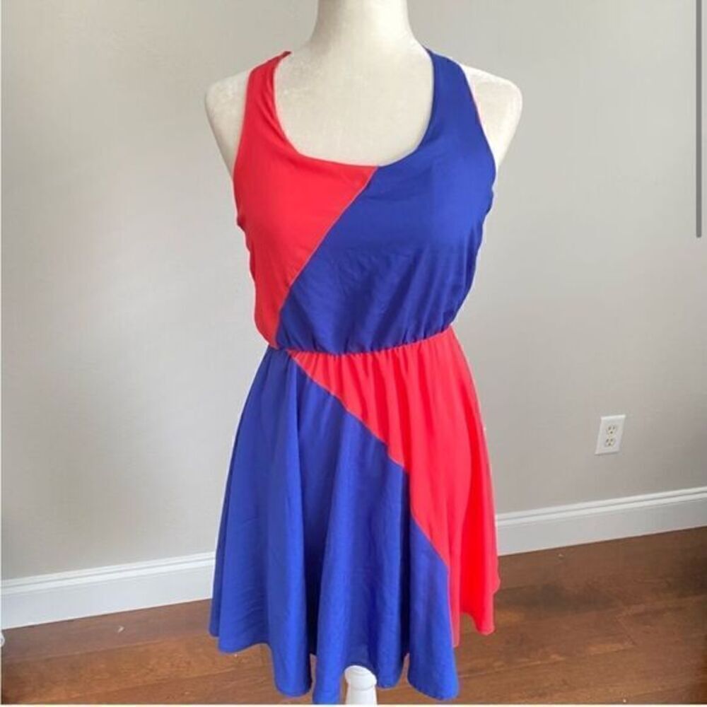 Blue and Red Assymetrical Design Mini Dress Medium Eclectic Flamboyant Gamine